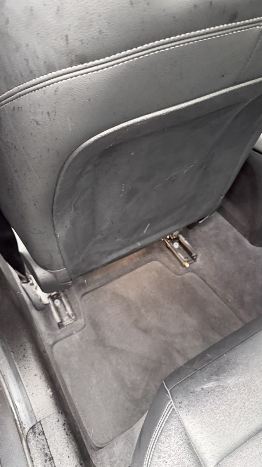 Vacuumed rear seat back and carpeted footwell of a grey cloth interior
